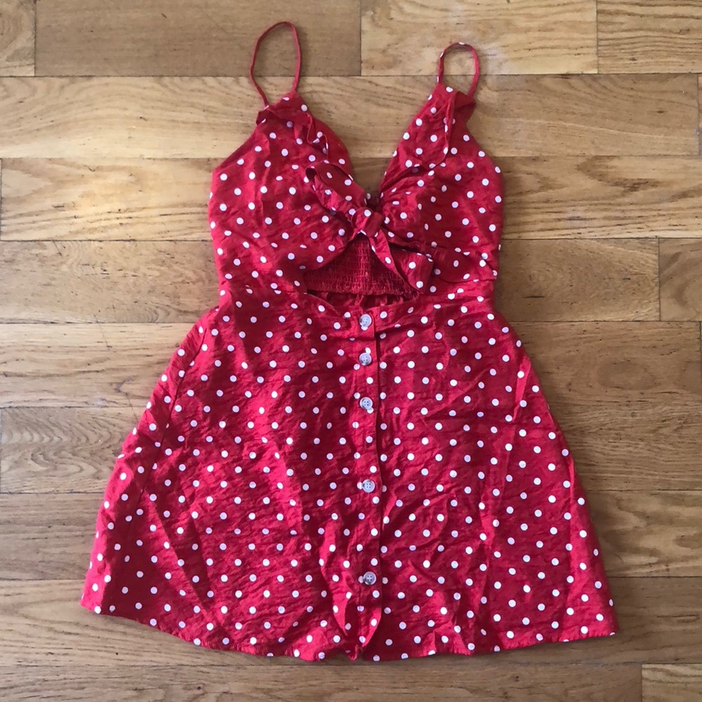 Red spotty tie front dress